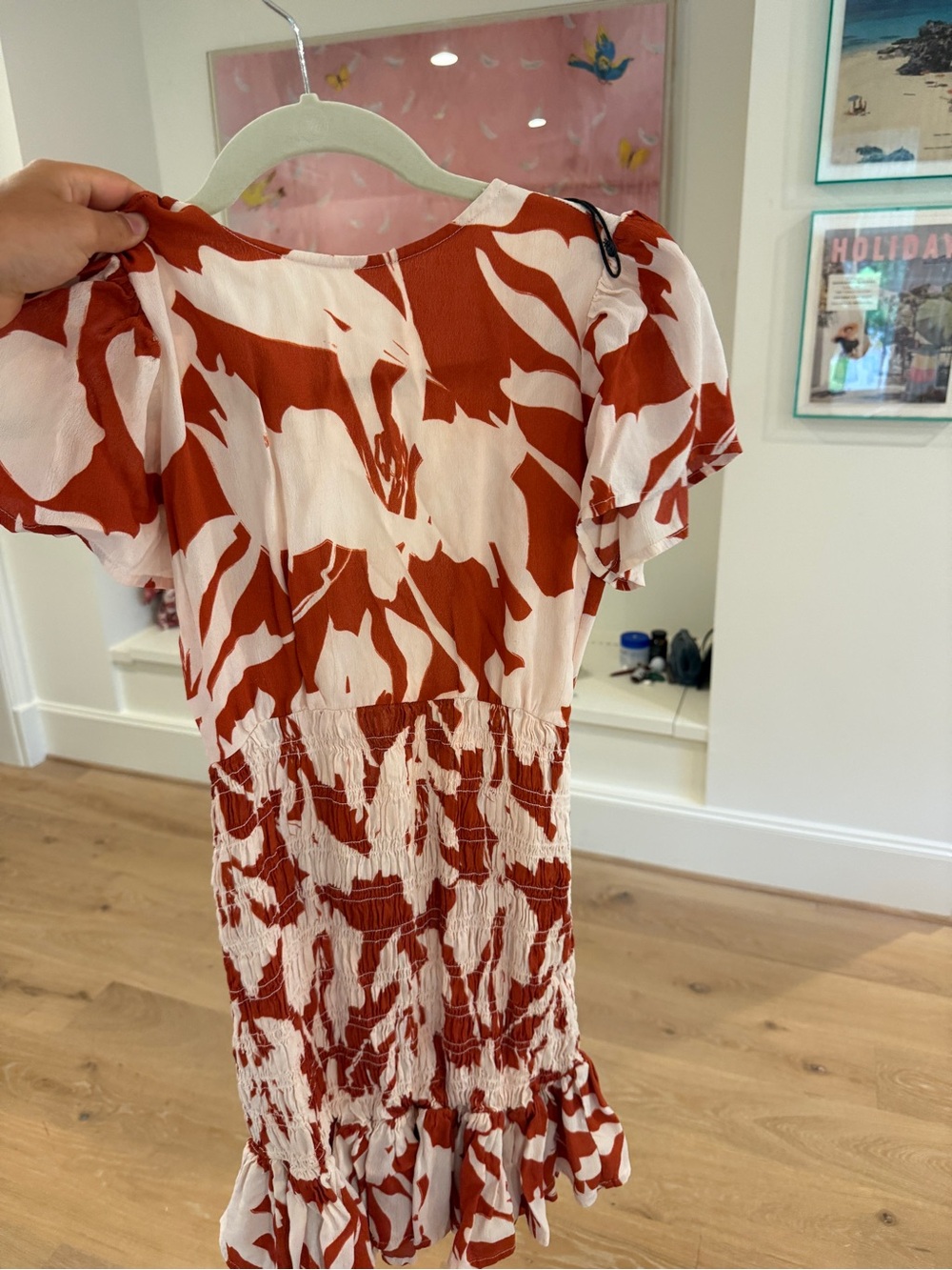 Rust & White Smocked Mini Dress with Flutter Sleeves